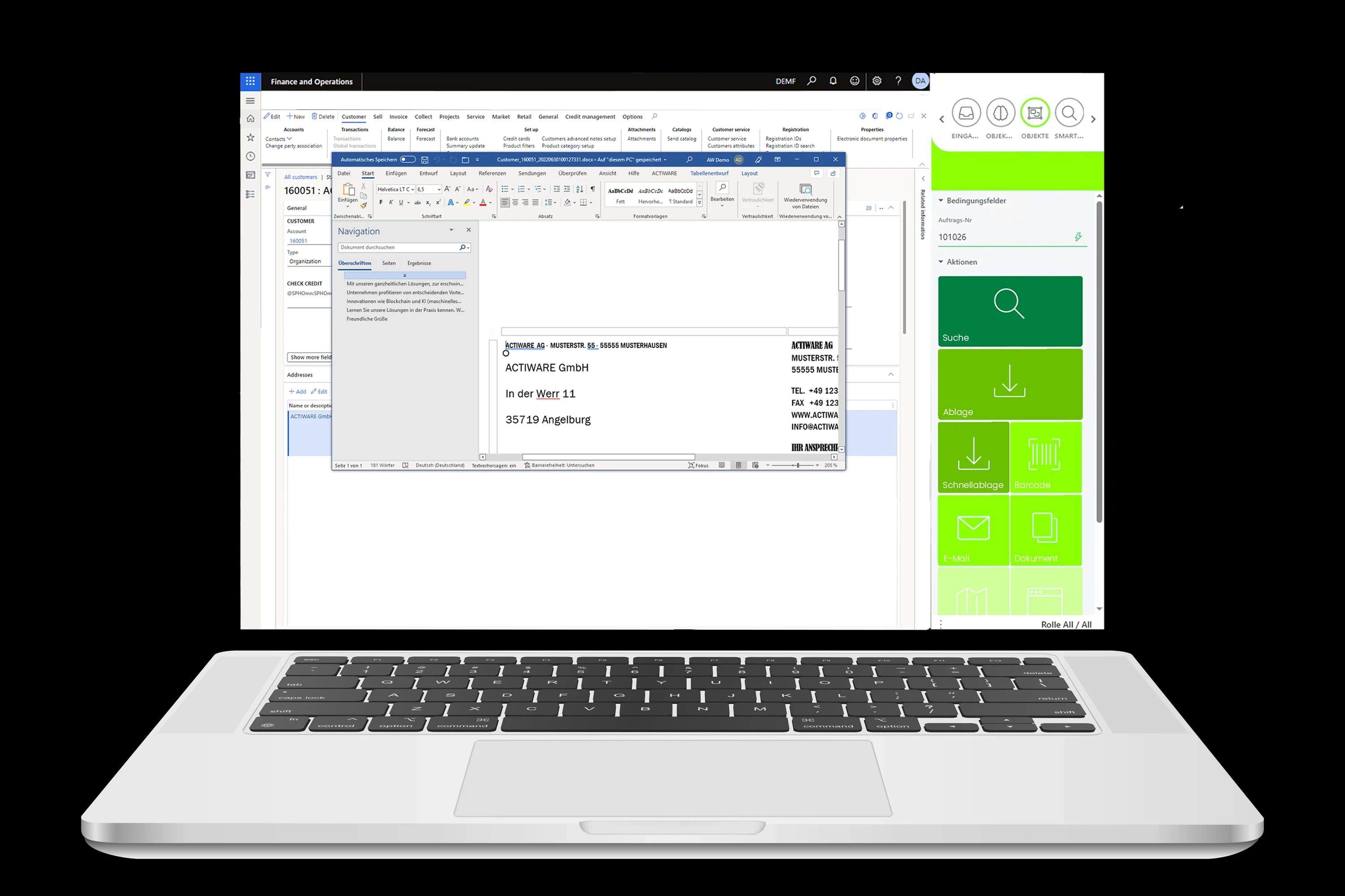 Ein aufgeklappter Laptop zeigt auf dem Bildschirm die Benutzeroberfläche von Microsoft Dynamics FO.