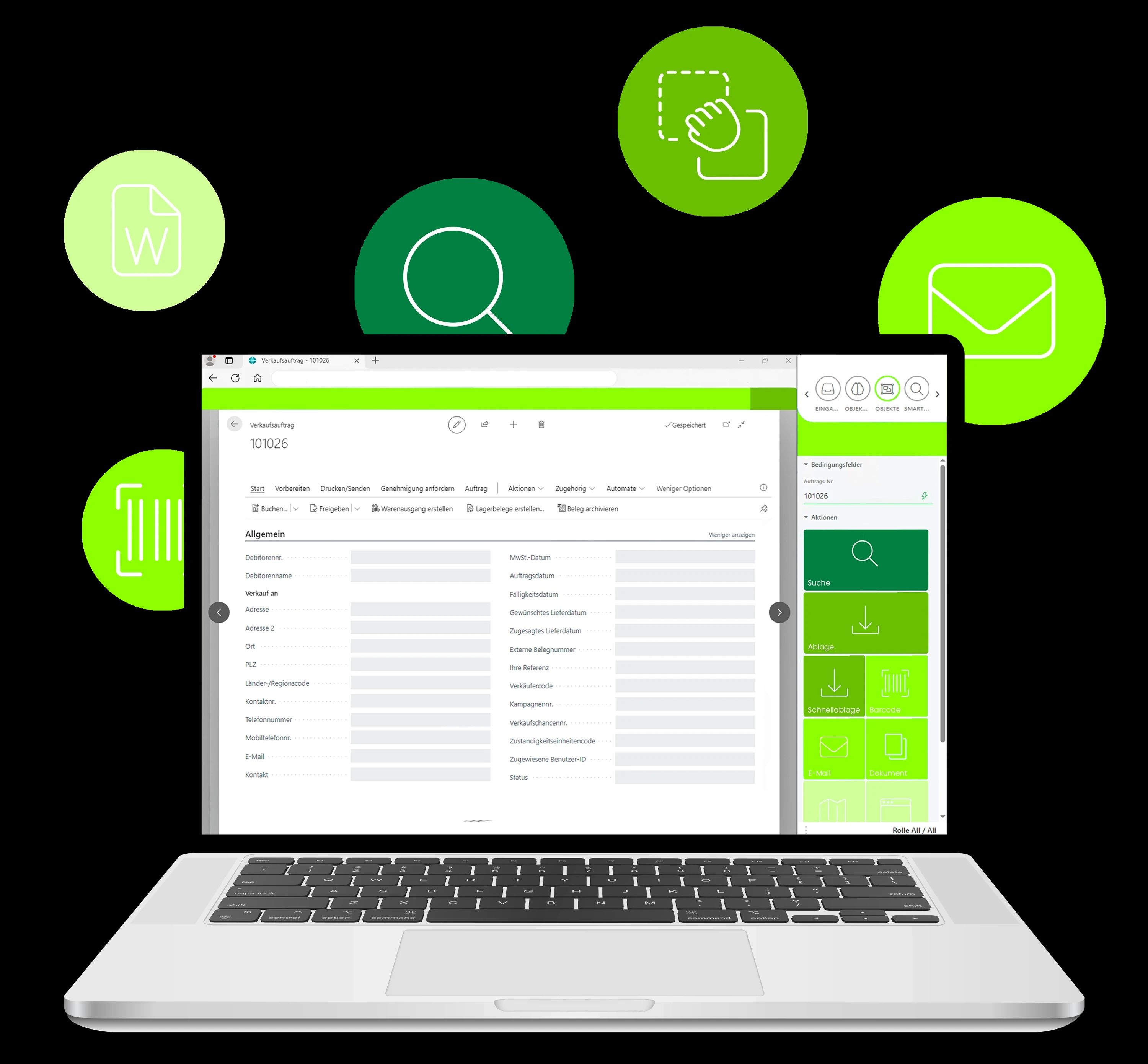 Ein Laptop, auf dem eine Software für die Auftragsverwaltung geöffnet ist. Um den Laptop herum schweben grüne Symbole, die verschiedene Funktionen wie Dokumentenmanagement, Suche, Drag-and-Drop, E-Mail und Barcode-Scannen darstellen.