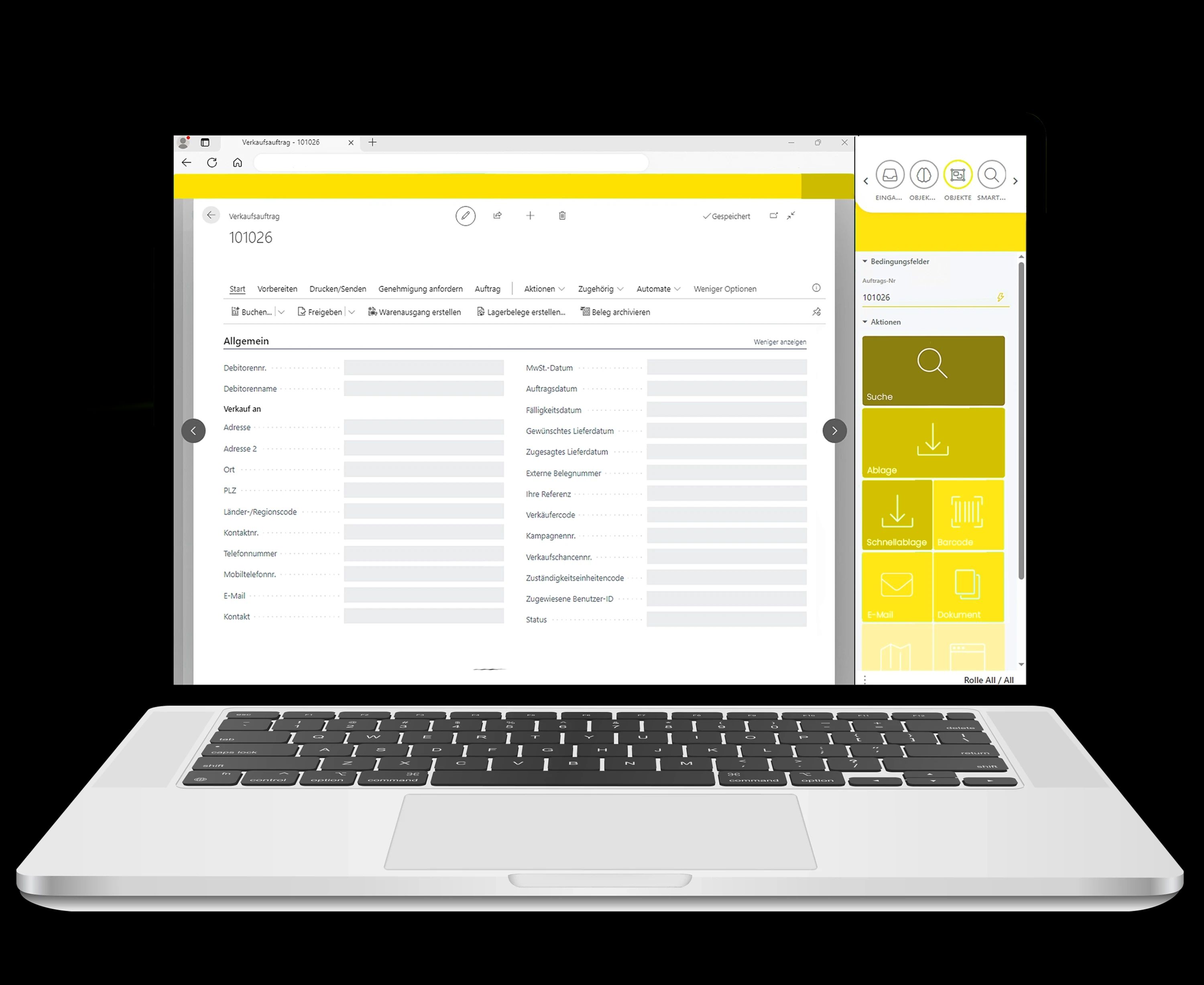 Laptop mit geöffneter Verwaltungssoftware – digitales System zur Auftragsbearbeitung und Datenverwaltung, genutzt im Umfeld des Medizintechnikunternehmens Fritz Stephan.