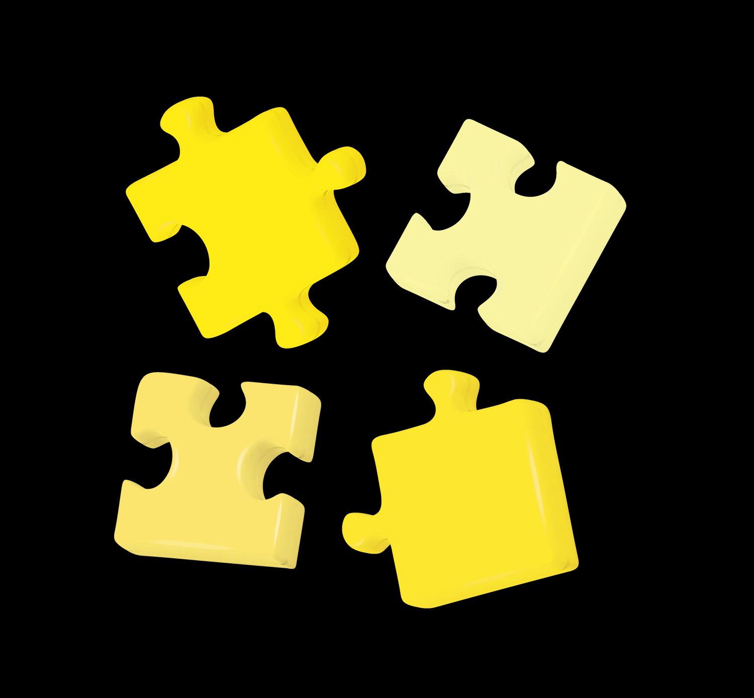 Vier gelbe 3D-Puzzleteile – Symbol für Vernetzung, Systemintegration und das Zusammenspiel einzelner Komponenten zu einer kompletten Lösung.