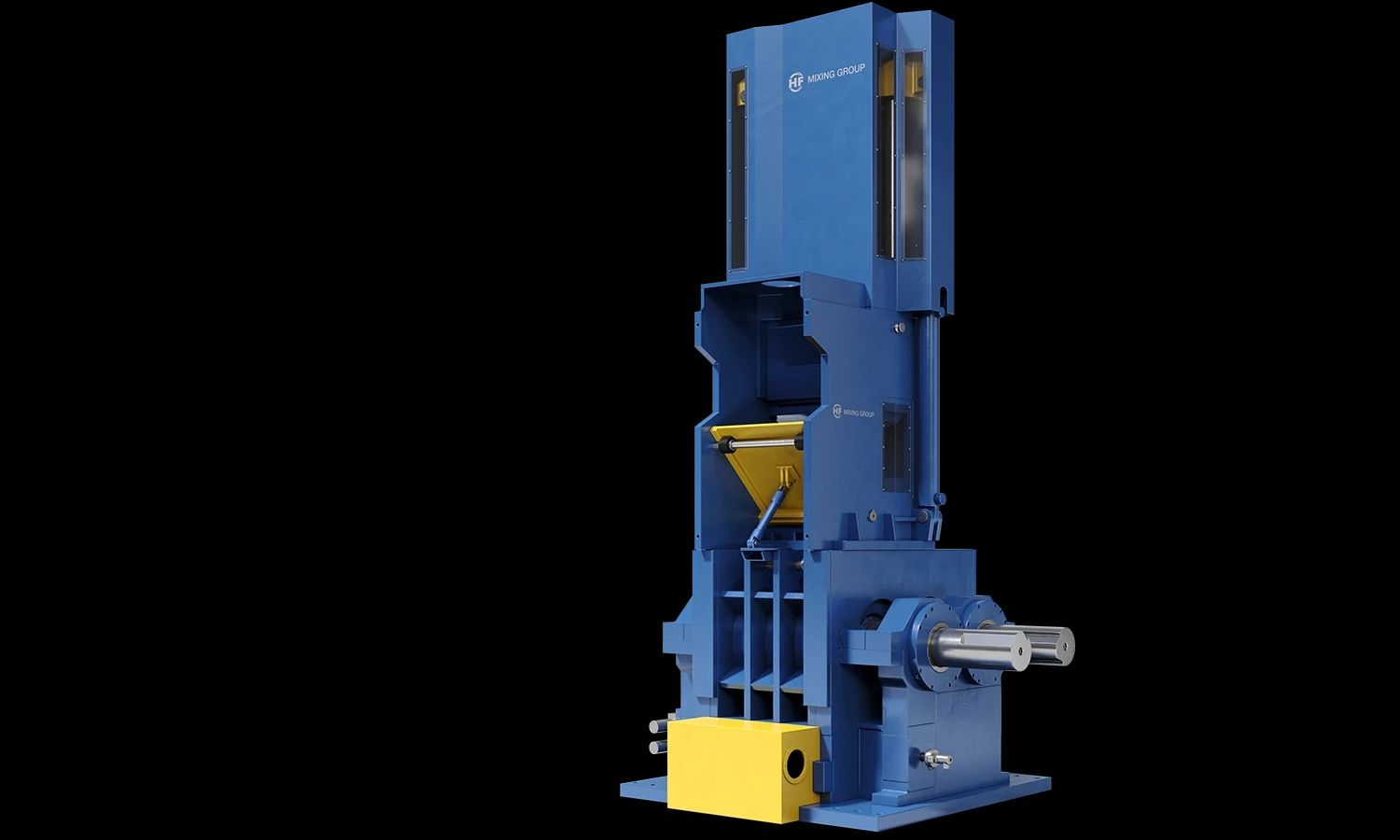 Industrielle Mischanlage der HF Mixing Group – leistungsstarke vertikale Mischmaschine in blauem Design für die Verarbeitung von Gummi- und Kunststoffmischungen.