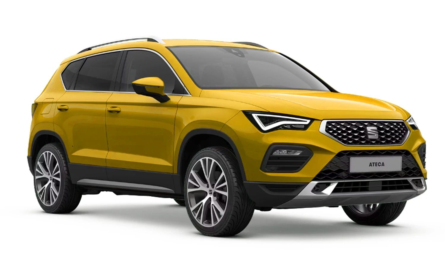 Gelber SEAT Ateca SUV – modernes, sportliches Fahrzeugdesign mit markanter Front und dynamischen Linien, Symbol für urbanen Fahrspaß und Vielseitigkeit.